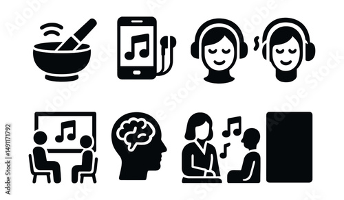 Solid style icons of music therapy: sound healing bowl, therapeutic playlist, emotional response icon, calming headphones, guided sound session, music + brain, therapist and notes, mood chart.