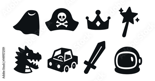Solid style icons of make-believe play: superhero cape, pirate hat, princess crown, wizard wand, dragon costume, cardboard box car, play sword, astronaut helmet.