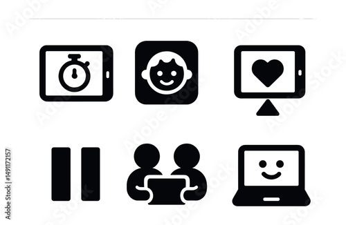 Solid style icons of digital play with balance: tablet with timer, child-friendly app, screen time icon, balance play badge, pause button, co-play icon, safe tech icon, e-learning smile.