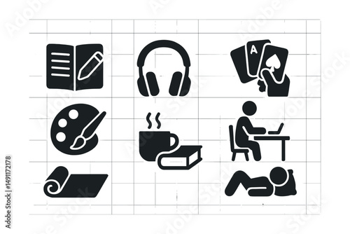 Solid style icons of solo leisure: journal writing, music headphones, painting icon, solo card game, yoga mat, tea and book, personal project, rest icon.