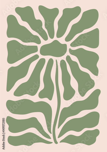 Abstract muted green flower posters. Trendy botanical wall arts with floral design in danish pastel colors. Monochrome modern aesthetic. Decorative botanical elements. Vector naive art print