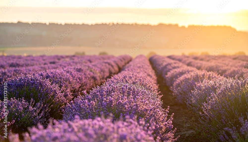 Obraz premium Purple flowers stretch in aligned rows under the glow of warm sunlight over a horizon