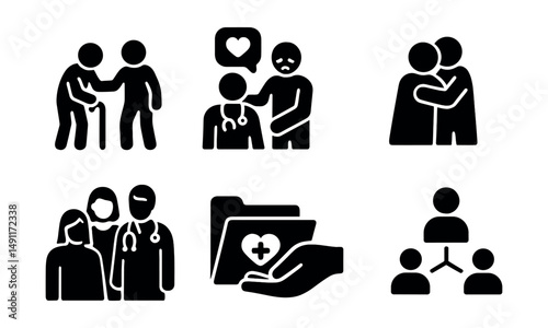 Solid style icons of caregiving and support: helping elder, emotional check-in, illness care icon, support hug, doctor visit together, family health file, comforting hand, care network.