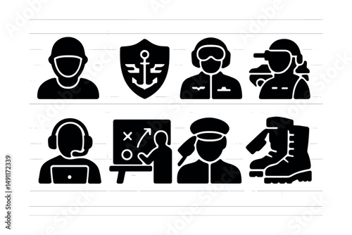 Solid style icons of military and defense jobs: soldier icon, navy badge, air force pilot, armored vehicle crew, radar technician, mission briefing board, salute pose, military boots.