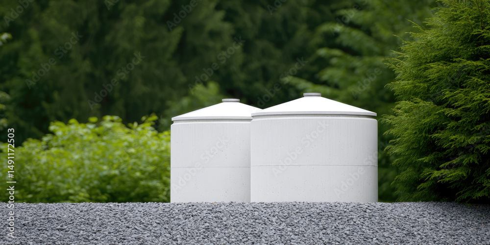 Fototapeta premium White silos stand side by side amidst lush greenery and gravel in an outdoor setting. Industrial, natural contrast