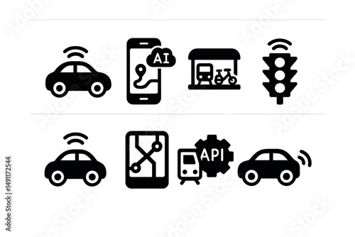 Solid style icons of smart mobility: self-driving car, AI route planner, mobility hub, smart traffic light, connected car symbol, urban mobility map, transit API, sensor-equipped vehicle.
