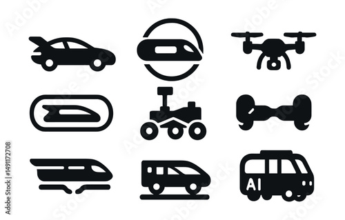 Solid style icons of futuristic transportation: flying car, hyperloop icon, vertical takeoff drone, vacuum tube train, Mars rover, smart hoverboard, magnetic levitation, AI shuttle.