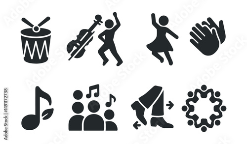 Solid style icons of music and dance traditions: drum rhythm, folk violin, dancer in motion, clapping hands, local music note, singing group, rhythm step, musical circle.