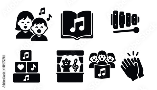 Solid style icons of children’s music: singing kids icon, nursery rhyme, music blocks, toy xylophone, sing-along book, puppet show songs, kid’s concert, rhythm claps.