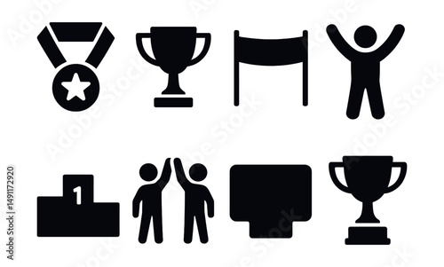 Solid style icons of sports achievements: gold medal, trophy icon, finish line banner, victory pose, podium steps, team high-five, scoreboard win, championship cup.