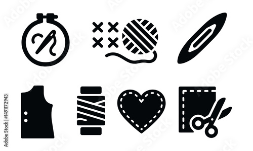 Solid style icons of textile and fiber arts: embroidery hoop, cross-stitch icon, yarn ball, loom shuttle, pattern piece, sewing thread, applique heart, felt cutting.