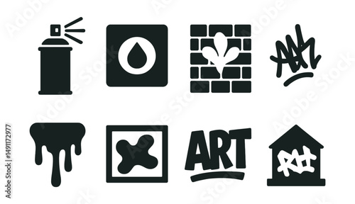 Solid style icons of street art and graffiti: spray can, stencil icon, wall mural, street artist tag, paint drip icon, urban canvas, bold lettering, rooftop art.