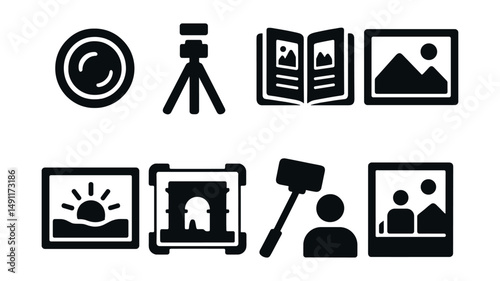 Solid style icons of travel photography: camera lens, tripod, photo album, scenic shot icon, sunrise capture, landmark frame, selfie stick, snapshot icon.