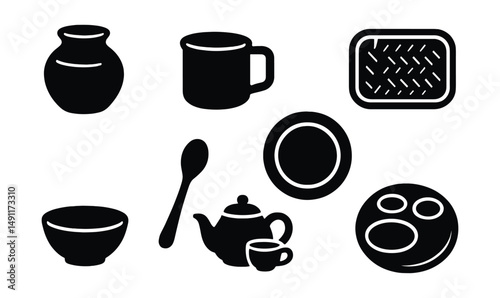 Solid style icons of traditional dishware: clay pot, enamel mug, porcelain plate, bamboo tray, wooden bowl, brass spoon, ceramic tea set, metal thali.
