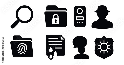 Solid style icons of investigative journalism: magnifying glass, confidential file, hidden recorder, source silhouette, evidence folder, document leak icon, anonymous tip, exposed truth badge.