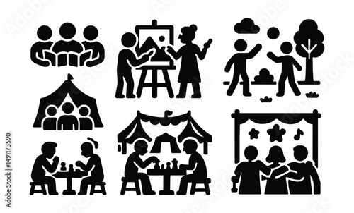 Solid style icons of community leisure: book club, community art day, park games, neighborhood event, public chess table, town festival, local talent show, friends’ night.