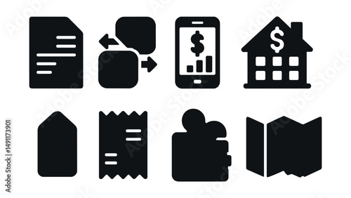 Solid style icons of travel budgeting: travel budget sheet, currency converter, expense tracker, affordable hotel icon, cashback tag, cost breakdown, wallet with coins, trip planner.