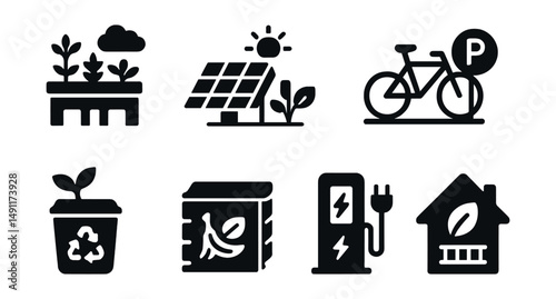 Solid style icons of eco urban living: rooftop garden, solar panels, bike sharing, community recycling bin, compost unit, green balcony, public charging station, eco home label.
