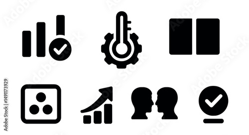 Solid style icons of model comparison tools: benchmark chart, model leaderboard, performance test icon, side-by-side view, test dataset badge, ranking arrow, compare icon, selection marker.