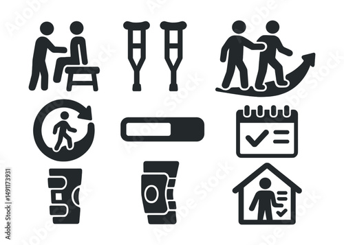 Solid style icons of rehabilitation and recovery: physical therapy icon, crutches, recovery path, guided movement, slow progress bar, rehab calendar, brace icon, home exercise plan.