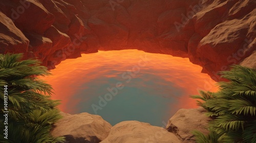 Digital illustration of a cave entrance. the cave is made up of large red rocks and is surrounded by green palm trees.