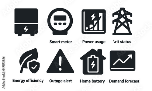 Solid style icons of smart energy systems: solar inverter, smart meter, power usage graph, grid status, energy efficiency icon, outage alert, home battery icon, demand forecast.