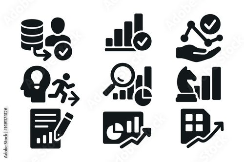 Solid style icons of data-driven decision making: data-backed decision, chart with check, prediction validation, insight to action, metrics review, strategic insight, report builder, data scenario.