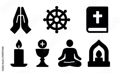 Solid style icons of religion and belief: prayer hands, spiritual symbol, temple icon, holy book, candle and flame, ritual object, meditation figure, sacred space.