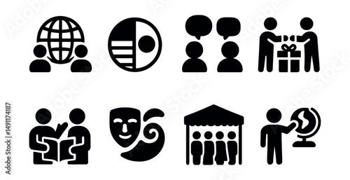 Solid style icons of intercultural exchange: global connection icon, flag circle, cultural dialogue, gift exchange, story sharing, blended traditions, cross-cultural event, learning moment.
