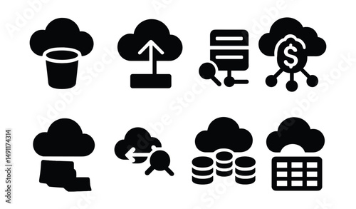 Solid style icons of cloud big data: cloud data bucket, serverless icon, scalable node, pay-per-query badge, data region icon, data replication, cloud cluster, virtual table.
