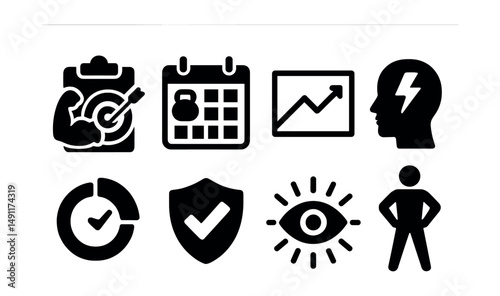 Solid style icons of sports motivation: workout goal, training calendar, performance chart, strong mindset icon, progress tracker, consistency badge, focus icon, power pose.