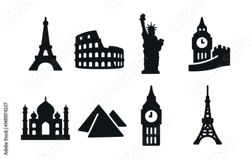 Solid style icons of world landmarks: Eiffel Tower, Colosseum, Statue of Liberty, Great Wall, Taj Mahal, Pyramids of Giza, Big Ben, Tokyo Tower.
