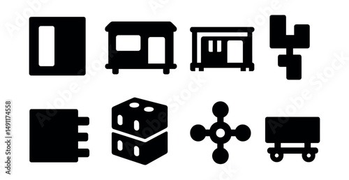 Solid style icons of modular architecture: prefab panel, modular unit, container home icon, snap-fit joint, plug-and-play wall, stackable block, connector node, mobile foundation.