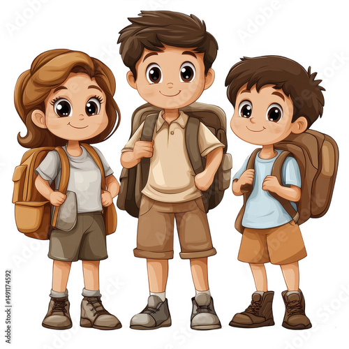 Cartoon kids hiking adventure group illustration vector for children art on transparent background
