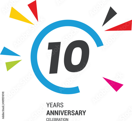 10 years anniversary celebrations logo design concept ten years anniversary retro vector emblem isolated template. Vintage logo ten  10th years with ribbon and fireworks on white background,
