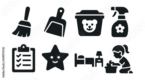 Solid style icons of child-friendly cleaning: kids’ broom, small dustpan, toy bin label, safe spray, chore chart, helper star badge, tidy room icon, learning clean-up.
