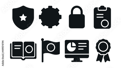Solid style icons of security compliance: GDPR badge, ISO 27001 icon, HIPAA lock, audit report, policy rulebook, regulatory flag, compliance dashboard, certification seal.