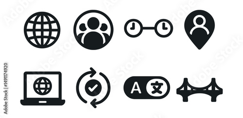Solid style icons of distributed teams: globe icon, team avatar circle, time zone line, remote team pin, global workspace, async workflow, language toggle, culture bridge.