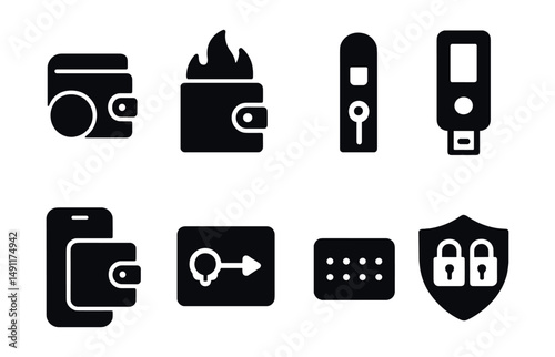 Solid style icons of crypto wallets: cold wallet, hot wallet, hardware wallet, mobile wallet icon, wallet backup, seed phrase icon, recovery key, multi-sig badge.