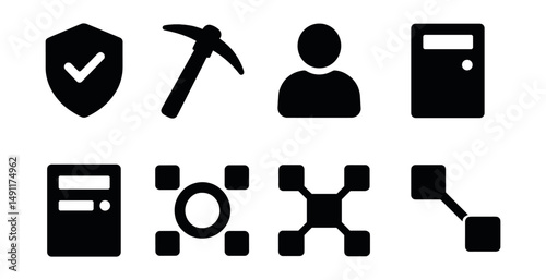 Solid style icons of blockchain nodes and roles: validator badge, miner pickaxe, delegator icon, full node, archive node, sync node, node cluster, peer connection.