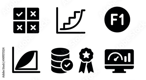Solid style icons of model evaluation metrics: confusion matrix, ROC curve, precision-recall icon, F1 score, AUC chart, validation set icon, performance score, metric dashboard.