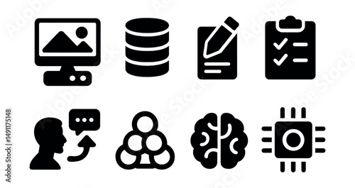 Solid style icons of foundation model features: multimodal input, zero-shot icon, scalable core, prompt tuning, few-shot setup, aligned output, shared embedding, core intelligence.