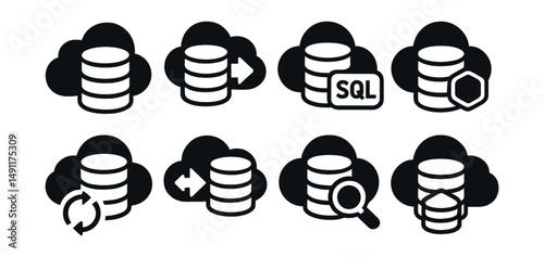 Solid style icons of database services in cloud: managed DB, read replica, SQL engine icon, NoSQL badge, DB failover, DB migration, query service, data lakehouse.