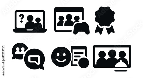 Solid style icons of virtual team bonding: team trivia, game time icon, fun badge, shared playlist, casual chat, celebration emoji, off-topic channel, virtual lunch.