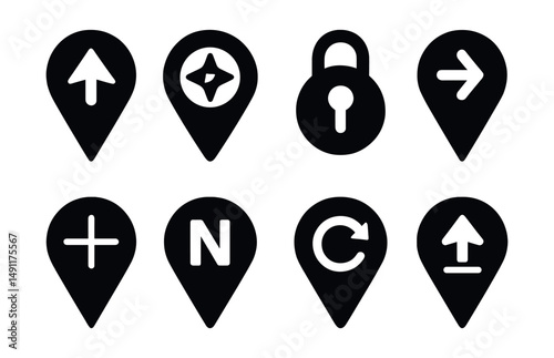 Solid style icons of direction-based pins: north-pointing pin, compass rose pin, orientation lock icon, pin with arrow, directional lines, cardinal direction pin, rotate pin, fixed heading icon.
