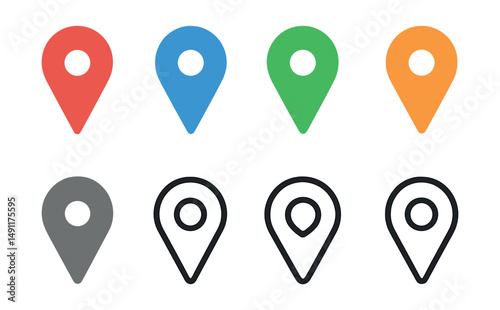 Solid style icons of pin color states: red pin, blue pin, green pin, orange pin, grayscale pin, colorless pin outline, highlight ring pin, filled and hollow variants.