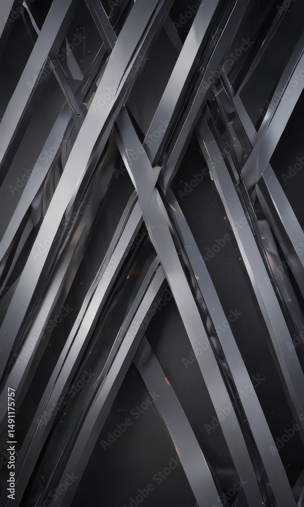 Obraz premium Sleek intersecting metal lines form geometric patterns on a smooth, abstract background , silver, reflective, simple