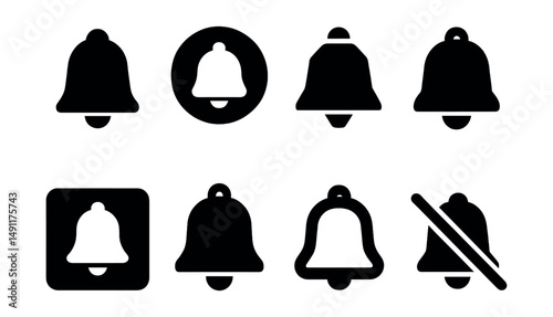 Solid style icons of simplified bell variations: minimal bell shape, solid circle bell, geometric bell, round bell icon, square alert icon, classic alarm bell, thick stroke bell, simple silence icon.