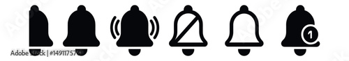 Solid style icons of notification bells: standard bell icon, filled bell, outlined bell, ringing bell, muted bell, bell with dot, bell with number, alert vibration.
