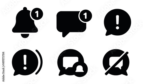 Solid style icons of notification and alert bubbles: message alert bell, red badge bubble, new message icon, priority bubble, bubble with exclamation mark, urgent message ring, muted chat icon,